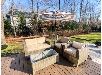 Brown Outdoor Wicker Loveseat And 2 Chairs With Coffee Table With Glass Top  - Umbrella In Stand Included
