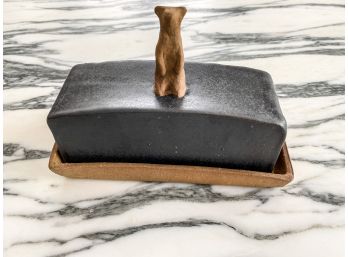 Black And Brown Terra Cotta Covered Butter Dish With Cow