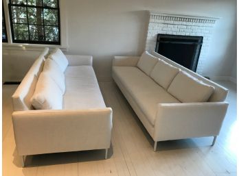 Pair Of Cobble Hill ABC Home Couches In White Linen With Metal Legs