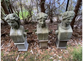 Set Of 3 Persephone Busts - Concrete On Pedestals