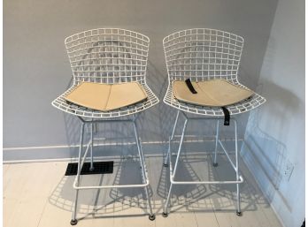 Pair Of Knoll White Bertoia Bar Stools With Cream Leather Cushions