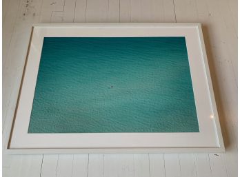 Turquoise Water With Man Surfing - White Mat - Wood Frame