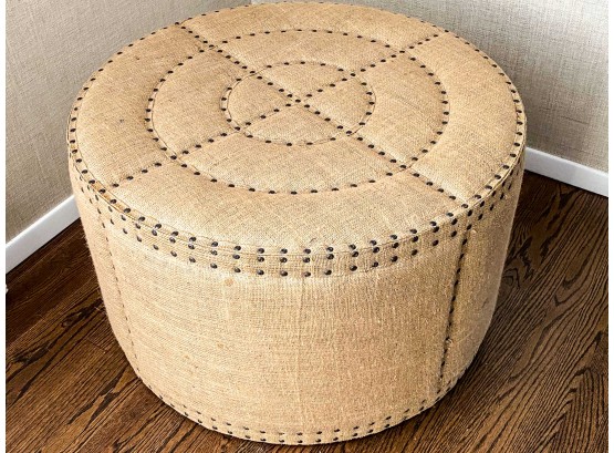 Rustic Burlap Round Ottoman With Nailhead Detail