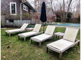 Set Of 4 Regatta Grey Wash Teak And Mesh Chaise Lounges With Pair Of Regatta Side Tables And Navy Umbrella