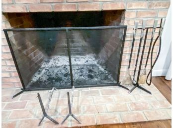 Lot Of Modern Fireplace Tools, Andirons And Screen