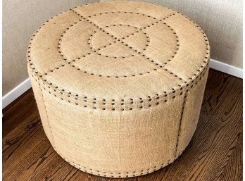 Rustic Burlap Round Ottoman With Nailhead Detail