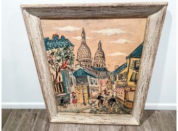 Large French Scene - Titled Montmartre - Signed - Oil And Watercolor