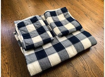 Pottery Barn Navy And White Checked Coverlet And Pair Of Matching Shams
