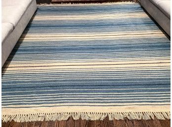 Wool Stripe Rug With Fringe - Cream, Navy And Medium Blue