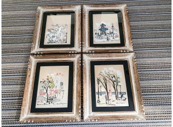 Set Of 4 Framed Oil And Watercolor On Paper - Wood Frames