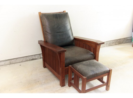 Wood & Leather Stickley Morris Chair With Matching Ottoman