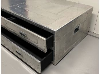 Metal Skinned Aviation-Inspired Restoration Hardware-Style Coffee Table With Drawers