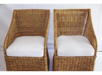 Pair Of Wicker Armchairs With White Fabric Cushions