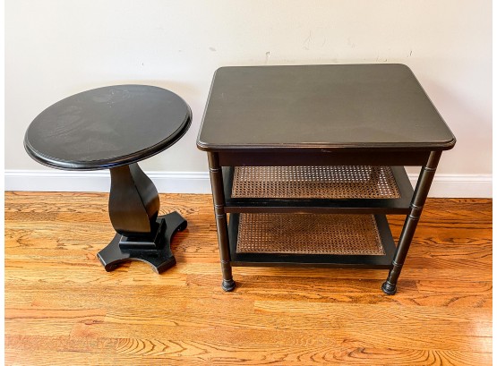 Pair Of Black Wood Pottery Barn Style Side Tables - Round Pedestal And Rectangle