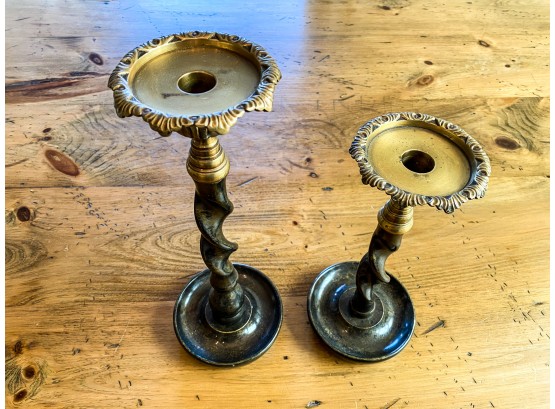 Pair Of Brass And Metal Candlesticks (metal Looks Like Marble)