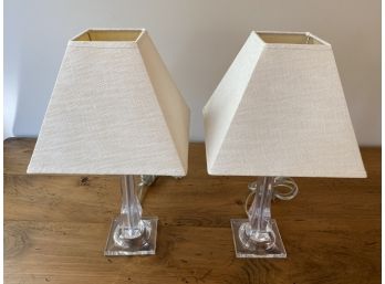 Pair Of Lucite Lamps With Cream Square Shades