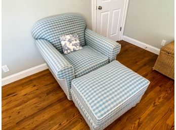 Arm Chair And Ottoman In Blue And White Windowpane With White Piping