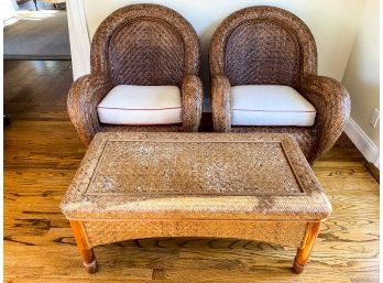 Pair Of Pottery Barn Rattan Armchairs And Rectangular Rattan Coffee Table