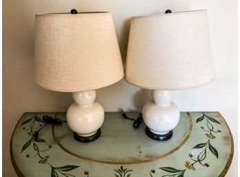 Pair Of Cream Pottery Gourd Lamps With Sand Shades