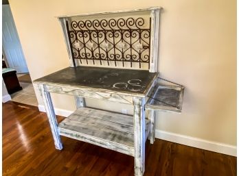 Wood Potting Table With Wrought Iron Detail  - Used In Dining Room As Sideboard
