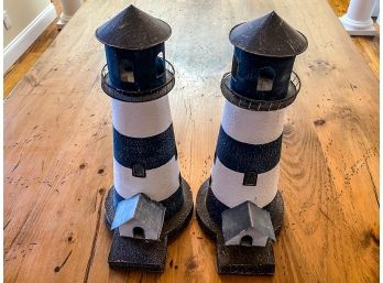 Pair Of Decorative Lighthouse Tea Light Candle Holders - Blue And White