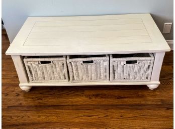 Cream Painted Wood Coffee Table With 3 White Baskets For Storage