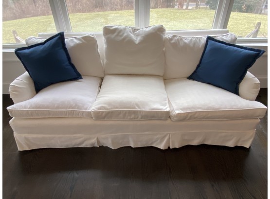 White Herringbone Cotton Slip Covered Couch - Fabric Is VERY Sunbleached (yellowed)