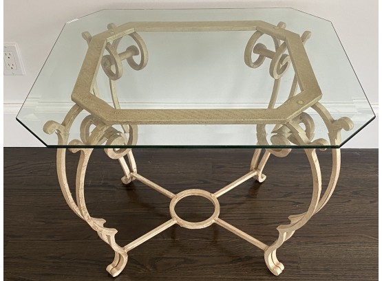 Cream Painted Wrought Iron Side Table With Glass Top