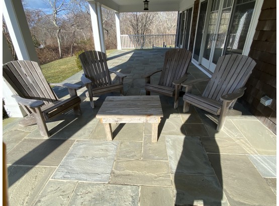 Lot Of 4 Grey Washed Wood Adirondack Chairs And Table
