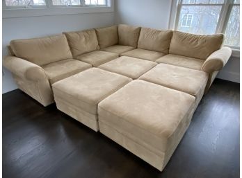 Large Pottery Barn Ultra Suede Sectional With 4 Ottomans - Sand Fabric