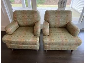 Pair Of Miles Talbott Armchairs - Green Silk Fabric With Floral Pattern