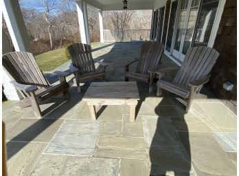 Lot Of 4 Grey Washed Wood Adirondack Chairs And Table