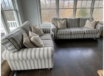 Matching Couch And Loveseat - No Label - Navy, Tan Light Blue Stripe - Wood Feet