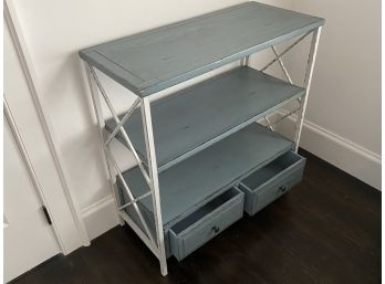 2 Tone Blue Painted Wood X-side Console Table - 2 Drawers On The Bottom, 3 Shelves
