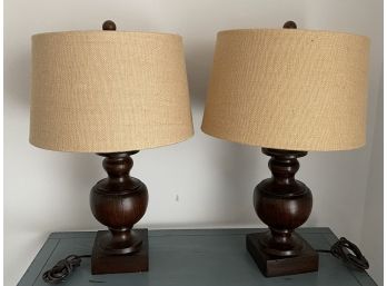 Pair Of Mahogany Wood Table Lamps With Burlap Shades