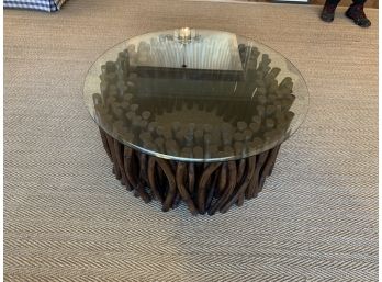 Round Glass Top Coffee Table With Painted Bamboo
