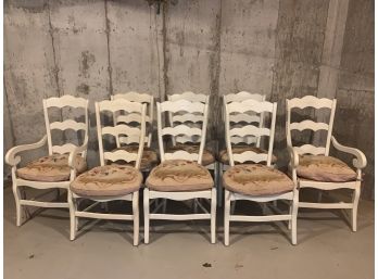 Set Of 8 Painted Ladder Back Chairs With Rush Seats With Needlepoint Rooster Cushions