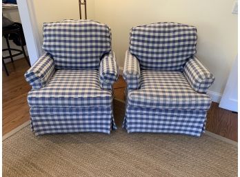 Pair Of Pearson Blue And White Check Arm Chairs With Skirt
