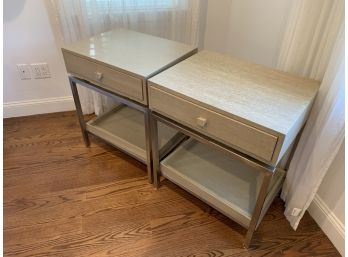 Pair Of Modern Nightstands Tan And Chrome - 1 Drawer, 1 Tray