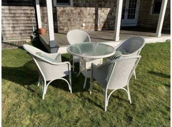 Ebel White Wicker Table With Glass Top With Set Of 4 White Wicker Arm Chairs