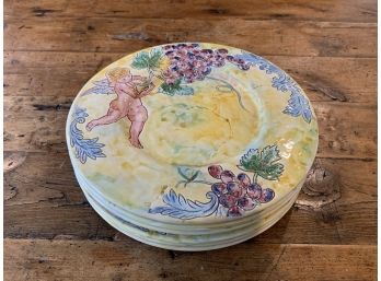 Set Of 6 Plates Yellow Multicolor With Angels And Grapes