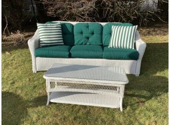 Painted Lloyd Loom White Wicker Sofa With Wicker Coffee Table