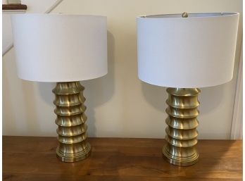 Pair Of Modern Brass Table Lamps With White Shades