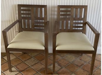 Pair Of Pickled Wood Arm Chairs With Cream Leather Seats