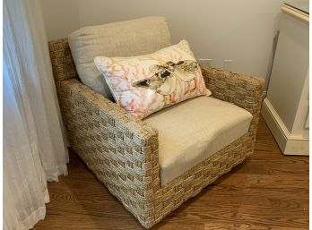 Woven Rattan Armchair With Sand Linen Fabric Painted Seagull Throw Pillow