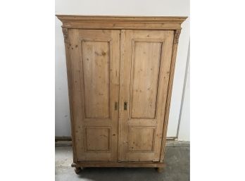 Antique Pine Armoire With Carved Wood Detail - 2 Shelves
