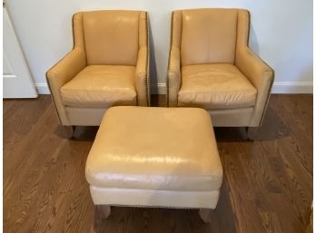Pair Of Bernhardt Tan Leather Chairs With Nailhead Detail With 1 Ottoman