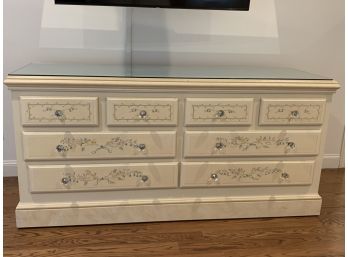 Large Floral Painted Wood Dresser With Mirror Top With 8 Drawers