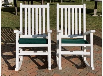 Two Painted White Rockers With Green Cushions