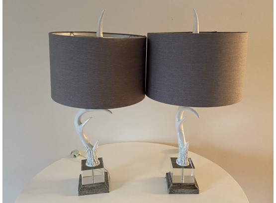 Pair Of Antler Lamps With Grey Shades And Lucite Bases